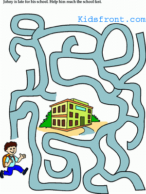 Printable Maze 11 for Kids - John is late for his school, Help him readh the school fast , colored Picture