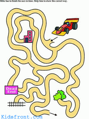Printable Maze 2 for Kids - Mike has to finish race in time. Help him show the correct way. , colored Picture