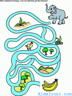 Printable Maze 4 for Kids - Baby elephant is hungry. Can you help him to get bananas?, colored Picture
