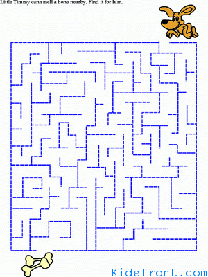 Printable Maze 6 for Kids - Little Timmy can smell a bone nearby. Find way for her. , colored Picture