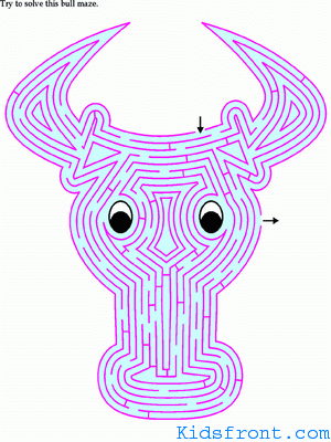 Printable Maze 8 for Kids - Try to solve this bull maze. , colored Picture