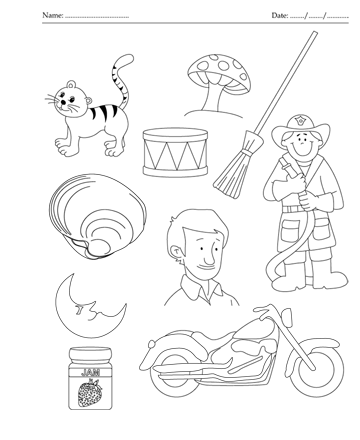 color the picture which end with letter m printable coloring worksheet